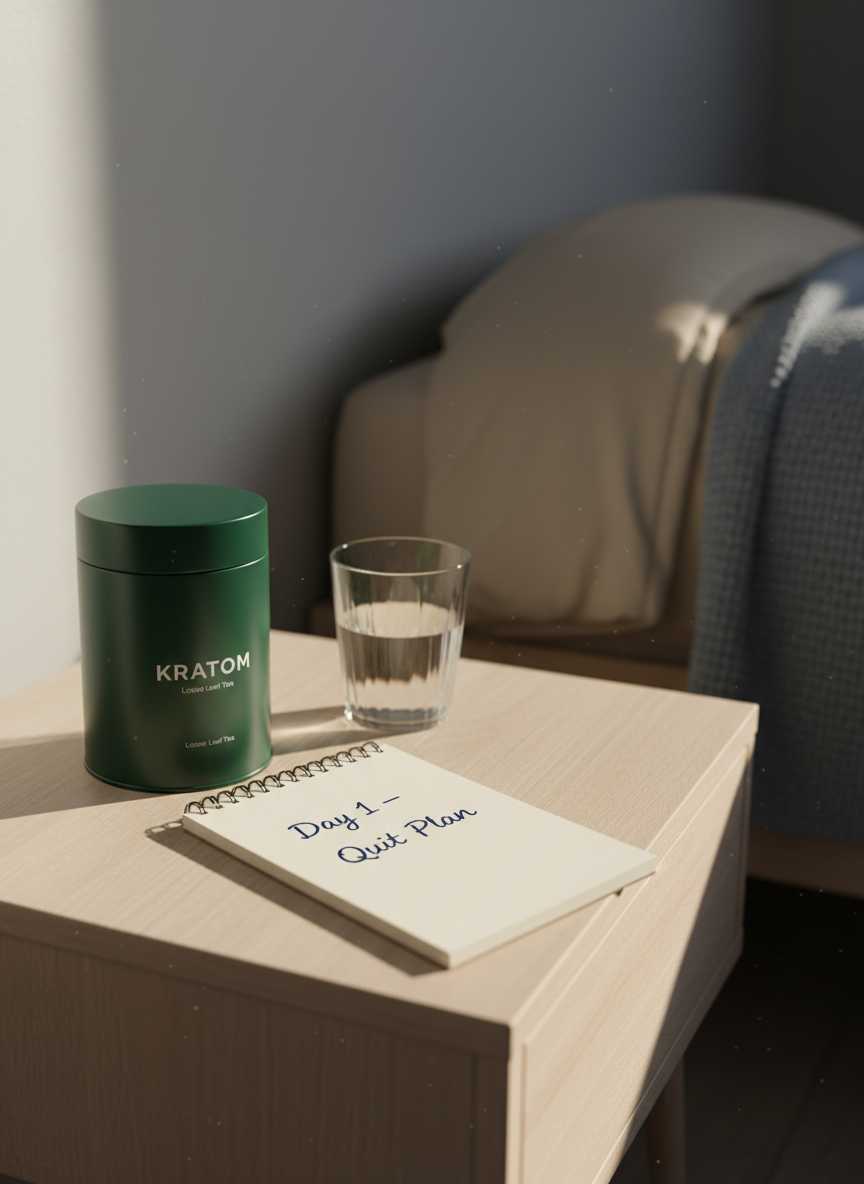 A small wooden nightstand with a closed, dark green kratom tea tin placed beside a clear glass of water and a simple spiral notebook labeled “Day 1 – Quit Plan” in neat handwriting. The nightstand rests against a soft gray bedroom wall, with a neatly made bed and folded blanket slightly blurred in the background. Early morning light filters through an unseen window, casting gentle, reassuring shadows and a hopeful glow over the scene. Photographic realism, shot at eye level with a shallow depth of field, focusing sharply on the tin and notebook. The mood is calm, determined, and professional, suggesting the first organized step toward quitting kratom in a clean, modern home environment.