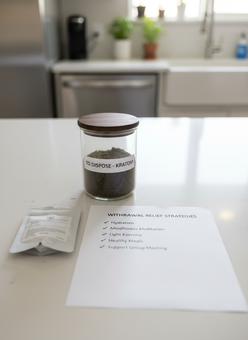 A clean white kitchen counter with a small, sealed pouch of kratom powder placed deliberately next to a sturdy, lidded glass jar labeled “To Dispose – Kratom” in clear black lettering. Nearby, a printed checklist titled “Withdrawal Relief Strategies” lies flat, with several items neatly checked off. The background shows a tidy kitchen with muted tones and minimal clutter, softly blurred to draw attention to the counter. Natural midday light pours in from a large window out of frame, creating crisp, honest illumination and gentle reflections on the glass jar. Photographic realism, overhead angle with balanced composition, conveying control, safety, and a practical, step-by-step approach to recovery.