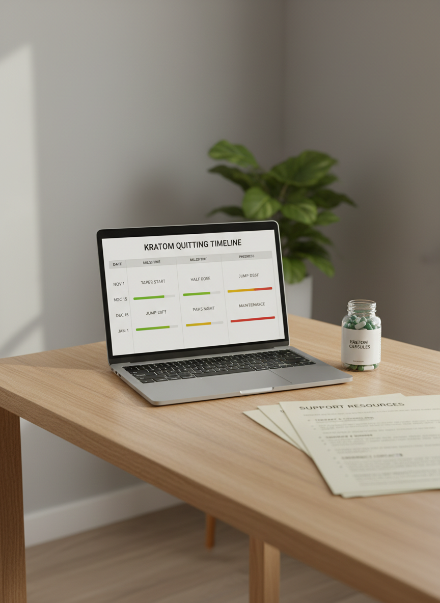 A minimalist home desk setup featuring an open laptop displaying a structured quitting timeline chart, with dates and colored progress bars clearly visible on the screen. Beside the laptop sits a closed bottle of kratom capsules, partially moved aside, and a neatly stacked set of printed “Support Resources” pages with clear headings and bullet points. The desk surface is light oak, set against a neutral wall with a single, out-of-focus plant in the distance. Soft, diffused afternoon light from a nearby window creates even, comfortable illumination without harsh shadows. Photographic realism, shot from a three-quarter angle with moderate depth of field, emphasizing order, clarity, and professional guidance for quitting kratom in a calm, organized workspace.