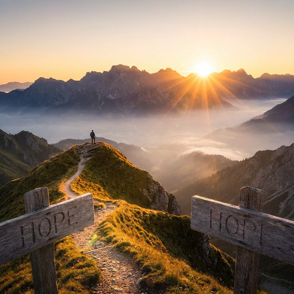 A hiker stands on a peak at sunrise between two wooden signs carved with HOPE.